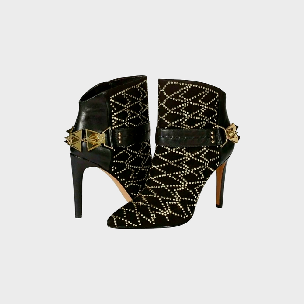 Sold!!!am Edelman sz.6 Studded Black and Gold Leather/Suede Women's Ankle Boots - Picture 3 of 16